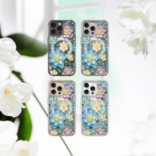 for iPhone 16 Pro Max Magnetic Case【Compatible with MagSafe】 Aesthetic Oil Painting Stained Glass Flower Design, Slim Fit Hard PC Back Shockproof Cute Clear Phone Cover, Blue Purple - color: Blue Purple, size: iPhone 16 Pro Max