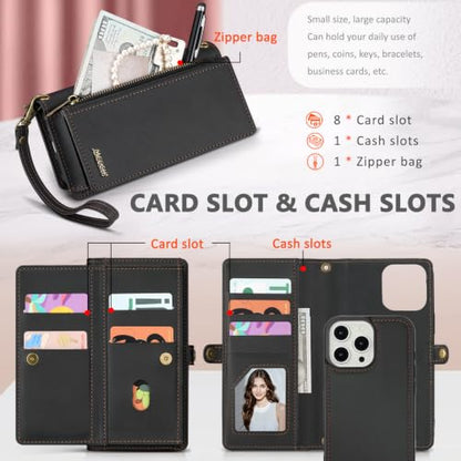 for iPhone 16 Pro Max Wallet Case, Detachable Magnetic Shockproof Phone Case,Faux Leather Crossbody Wallet,with RFID Blocking，Zipper Card Holder，Shoulder Strap (Black) - color: Black, size: iPhone 16 Pro Max