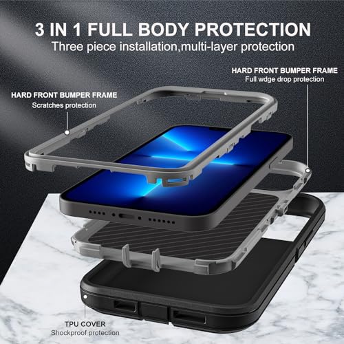 YKHJKLEC for iPhone 13 Pro Max Case, Military Grade 3 in 1 Heavy Duty Shockproof/Drop Proof/Dust Proof Case with 2Pcs Tempered Glass Screen Protector (Black/Grey) - color: Black/Grey