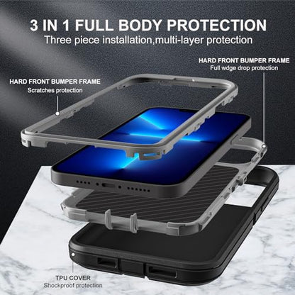YKHJKLEC for iPhone 13 Pro Case, Military Grade 3 in 1 Heavy Duty Shockproof/Drop Proof/Dust Proof Case with 2Pcs Tempered Glass Screen Protector (Black/Grey) - color: Black/Grey