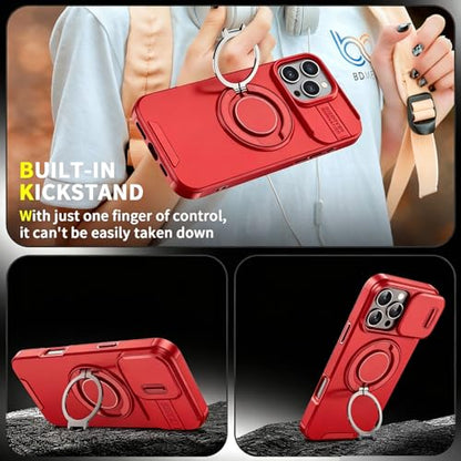 Rugged Shockproof Case for iPhone 17 Pro Max, Heavy Duty Protective Phone Case with Slide Camera Cover, 360° Rotatable Ring Stand & Magnetic Car Mount Compatible (Red,iPhone 17 Pro Max) - color: Red