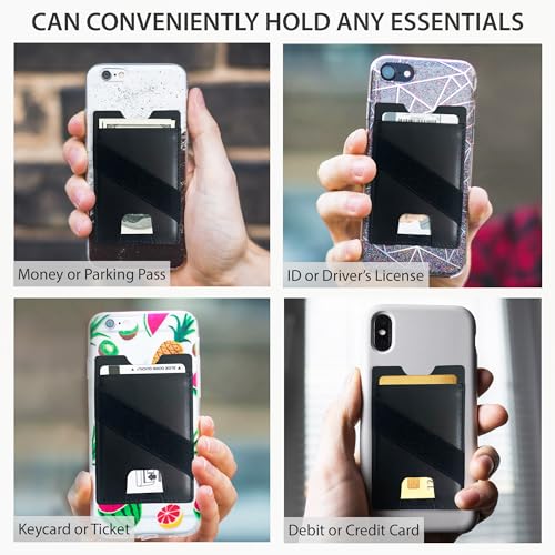 Alban Leather Stick On Cell Phone Wallet with Finger Strap, Phone Pocket Case for Credit Card, ID, Cash - Strong Adhesive, RFID Blocking, Compatible with Most Phones