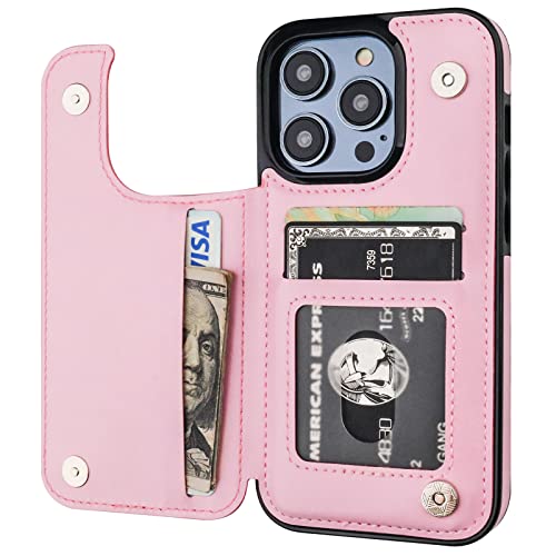 ONETOP for iPhone 14 Pro Wallet Case with Credit Card Holder,Pink | Kickstand,ID/Cash Holder,Case Wallet with Card Slots,Double Magnetic Clasp,Durable PU Leather Shockproof Cover for Women Men - color: Pink