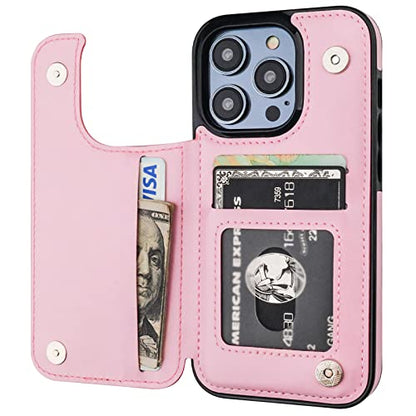 ONETOP for iPhone 14 Pro Wallet Case with Credit Card Holder,Pink | Kickstand,ID/Cash Holder,Case Wallet with Card Slots,Double Magnetic Clasp,Durable PU Leather Shockproof Cover for Women Men - color: Pink