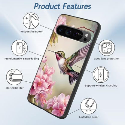 for Google Pixel 9 Pro XL Phone Case, TPU Shockproof Full Body Protection 6.8" Moth Mushroom Flower Cover for Pixel 9 Pro XL, Lightweight Compatible Wireless Charging, Screen Protector Film - color: Hummingbird