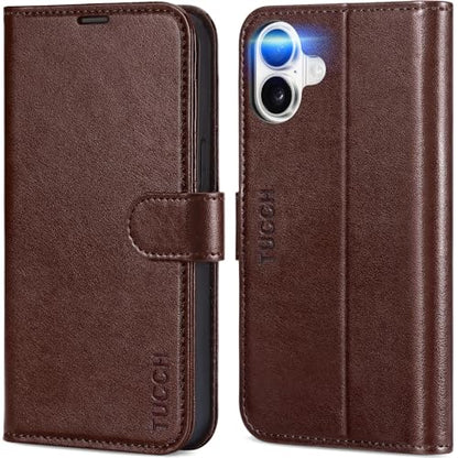 TUCCH Wallet Case for iPhone 16 (6.1") 2024, Flip Stand, Chocolate Brown | RFID Blocking, 4 Card Holders, Kickstand, PU Leather, Shockproof TPU Shell, Magnetic Closure, Protective Folio Cover - color: Chocolate Brown