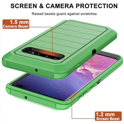 for Samsung Galaxy S10 Case with Belt Clip Holster, 2 x Screen Protector, [Military Grade Drop Protection] Heavy Duty Full Body Shockproof Rugged Protective Cover for Samsung Galaxy S10 (Green) - color: Green/Black