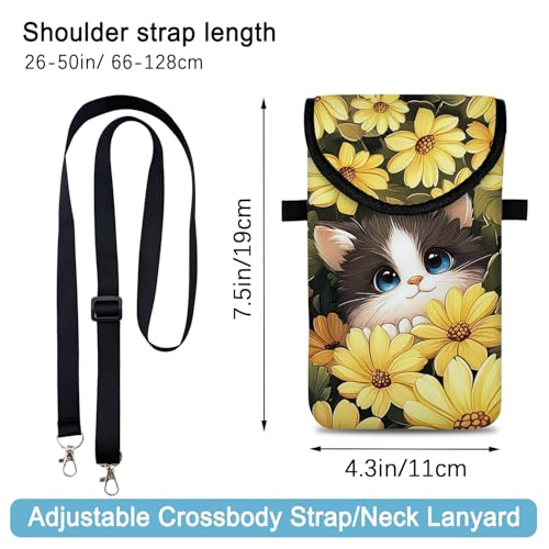 Neoprene Cell Phone Sleeve Pouch Case Bag with Crossbody Strap Neck Lanyard for Women 7.5 X 4.3 in Sunflower Cat - color: Sunflower Cat 1
