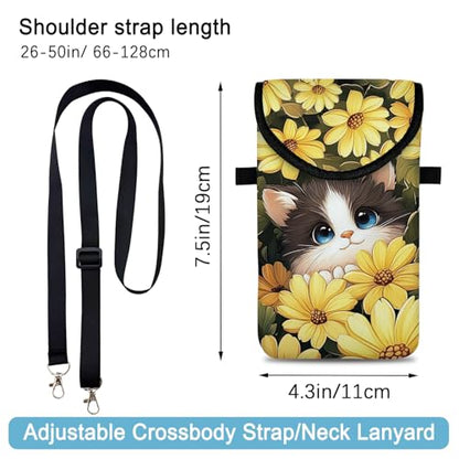 Neoprene Cell Phone Sleeve Pouch Case Bag with Crossbody Strap Neck Lanyard for Women 7.5 X 4.3 in Sunflower Cat - color: Sunflower Cat 1