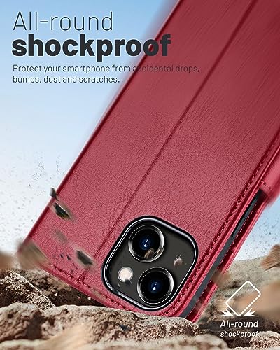 OCASE Compatible with iPhone 15 Wallet Case, PU Leather Flip Folio Case with Card Holders RFID Blocking Kickstand [Shockproof TPU Inner Shell] Phone Cover 6.1 Inch 2023, Red - color: Red