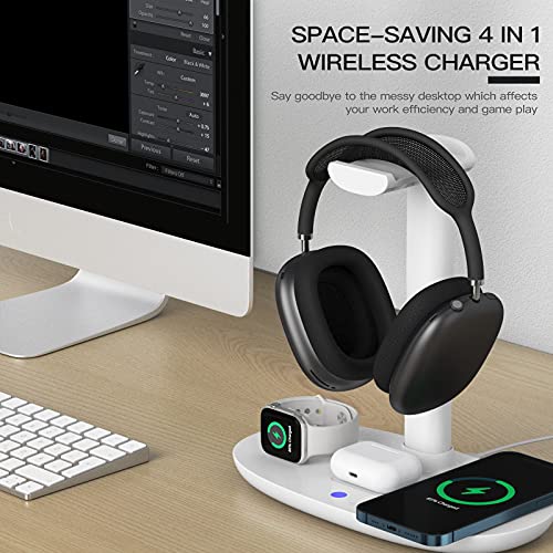 Headphone Stand with 15w Wireless Charger, Suguder 4 in 1 Charging Station Headset Holder for AirPods Max/Pro/4/3/2 iWatch 10/9/8/7/6/5/4/3/2/1/SE iPhone 17/16/15/14/13/12/11/X for Desktop Table Game - color: White