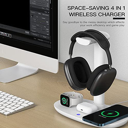 Headphone Stand with 15w Wireless Charger, Suguder 4 in 1 Charging Station Headset Holder for AirPods Max/Pro/4/3/2 iWatch 10/9/8/7/6/5/4/3/2/1/SE iPhone 17/16/15/14/13/12/11/X for Desktop Table Game - color: White