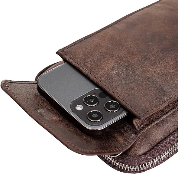 Ferrara Premium Leather Crossbody Phone Purse - Unisex Crossover Sling Shoulder Bag with Card Holder & Adjustable Strap - color: Dark Brown