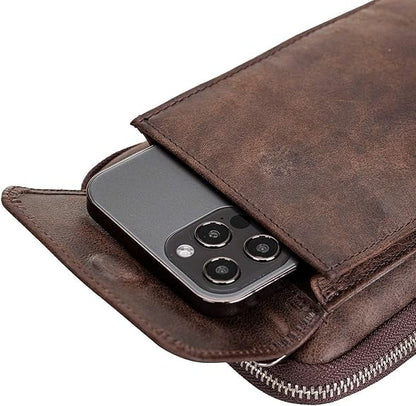 Ferrara Premium Leather Crossbody Phone Purse - Unisex Crossover Sling Shoulder Bag with Card Holder & Adjustable Strap - color: Dark Brown