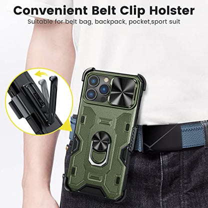 Caka for iPhone iPhone 13 & 12 Pro Max Case with Stand & Camera Cover | Belt Clip Holster, 360° Rotated Kickstand, Sliding Camera Lens Cover, Heavy Duty Hard Shockproof Rugged Phone Cover