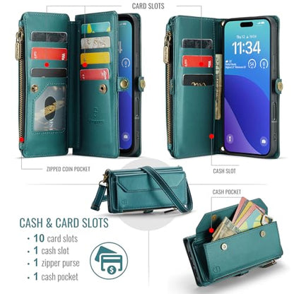 Strapurs for iPhone 16 Pro Max - Zipper Strap Wallet Case Women, Blue Green | RFID Blocking 10-Card Holder, Shoulder Lanyard, Wirst Strap, Zipper Pocket, Magnetic Snap, Soft PU Leather, Phone Flip Cover - color: Blue Green, size: iPhone 16 Pro Max - 6.9"
