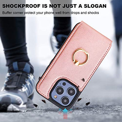 Folosu Compatible with iPhone 14 Pro Case Wallet with Card Holder, 360°Rotation Finger Ring Holder Kickstand, RFID Blocking Leather Protective Double Buttons Shockproof Cover 6.1 Inch Rose Gold - color: Rose Gold, size: iPhone 14 Pro