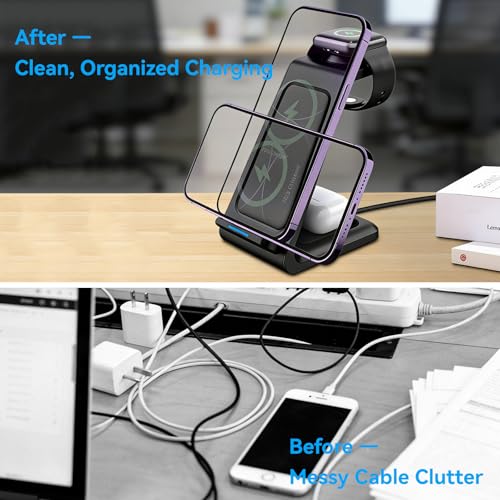 3 in 1 Wireless Charging Station, 15W Wireless Charger Stand for iPhone, Charging Dock for Watch and AirPods, Type C Input with 1m Cable Included, ABS Desk Nightstand Charger