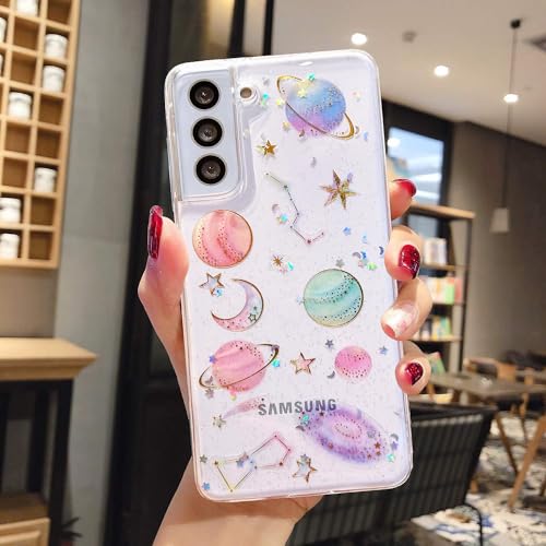 LSEEKA for Samsung Galaxy S21 Clear Case with Glitter Stars Planet Universe Design,Sparkle Bling Cute Slim Soft TPU Protective Women Girl's Phone Cover for Samsung Galaxy S21 - size: for Samsung S21