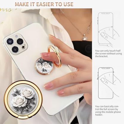 Cell Phone Ring Holder, Cute Metal Phone Grip Stand Finger Ring Kickstand, Flexible 360°Rotation Phone Tablet Case Accessories Compatible with Most Phones White Rose Floral - color: White Rose Floral