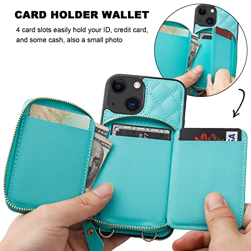 Bocasal Crossbody Wallet Case Card Holder for iPhone 13, Mint Green | RFID Blocking PU Leather Zipper Handbag Purse, Kickstand Flip Folio Case with Card Slots Holder Wrist Strap Lanyard 6.1 Inch - color: Green