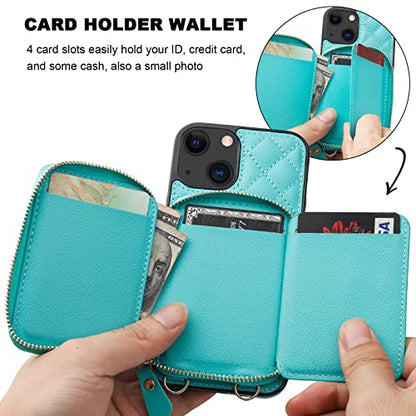 Bocasal Crossbody Wallet Case Card Holder for iPhone 13, Mint Green | RFID Blocking PU Leather Zipper Handbag Purse, Kickstand Flip Folio Case with Card Slots Holder Wrist Strap Lanyard 6.1 Inch - color: Green