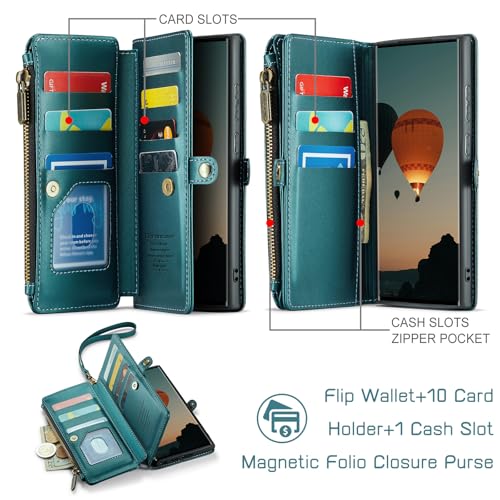 Defencase for Samsung Galaxy S22 Ultra Wallet Case with Card Holder, Green | Durable PU Leather, with RFID Blocking Zipper Pocket, Wrist Strap, S22 Ultra Flip Phone Cases Cover with Stand for Women Men - color: Elegant Blue Green