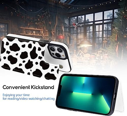 Compatible with iPhone 13 Pro 6.1" Wallet Case with Card Holder Folio Flip PU Leather Kickstand Card Slots Case Double Magnetic Clasp and RFID Blocking Cover 6.1 Inch (Cow Print) - color: Black Cow Print, size: iPhone 13 Pro