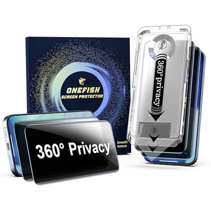 OneFish 360 Privacy Screen Protector Compatible with iPhone 17 Pro Max | 2 Pack ， 4 Way Anti-Spy Tempered Glass, 9H Hardness, 3D Curved Edges, Case-Friendly & Easy Installation - size: iPhone 17 Pro Max
