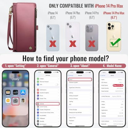 Defencase for iPhone 14 Pro Max Wallet Case with RFID Card Holder, Wine Red | Durable Soft PU Leather, with Zipper Pocket, Wrist Strap, Fashion Snap Flip Phone Cases Cover with Stand for Women and Men - color: Wine Red
