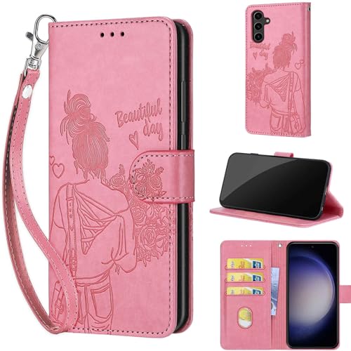 Wallet Case for Samsung Galaxy S24 Plus 6.7 inch, Pink Girl | Women Flip Folio Cover, Embossed PU Leather, Stand, Credit Card Holders Slots, Wrist Strap - color: 9