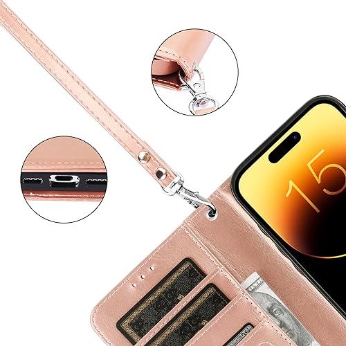 Bocasal Detachable Wallet Case Card Holder for iPhone 15 Pro, Rose Gold | RFID Blocking Kickstand Card Slots Holder PU Leather Magnetic Shockproof Wrist Strap Removable Flip Protective Cover 6.1 inch - color: Rose Gold