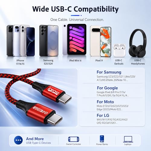 igrass USB-C to USB-C Cable, Type-C 60W Fast Charging Cable (10 FT, 5Pack) for iPhone 17 Series, iPad mini 6 and More