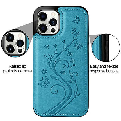 HianDier Wallet Case Compatible with iPhone 13 Pro MAX Case 5G 6.7-inch Slim Protective with Credit Card Slot Holder Flip Folio Soft PU Leather Magnetic Closure Cover, Butterfly Blue - color: Butterfly Blue