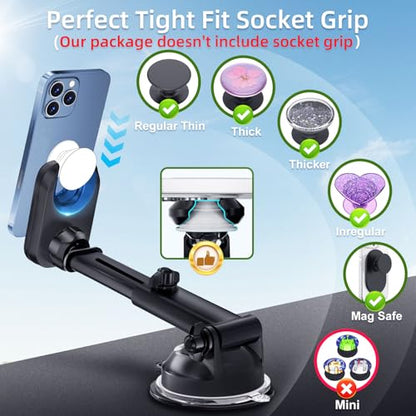 pop-tech Car Phone Mount for Pop Socket: Suction Cup Cell Phone Holders for Automobile Dashboard Windshield Window - Dash Mounted Cellphone Stand Black Fits Thick Socket Wallet Grip for iPhone Samsung