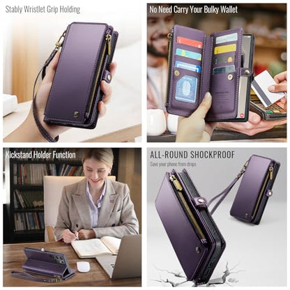 Defencase for Samsung Galaxy S24 Ultra Wallet Case with Card Holder, Purple | Durable PU Leather, with RFID Blocking Zipper Pocket, Wrist Strap, S24 Ultra Flip Phone Cases Cover with Stand for Women Men - color: Purple