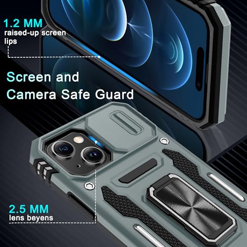 DEERLAMN Case for iPhone 15 with Slide Camera Cover + Screen Protector (2 Packs), Rotated Ring Kickstand Military Grade Shockproof Protective Cover-Grey - color: Grey