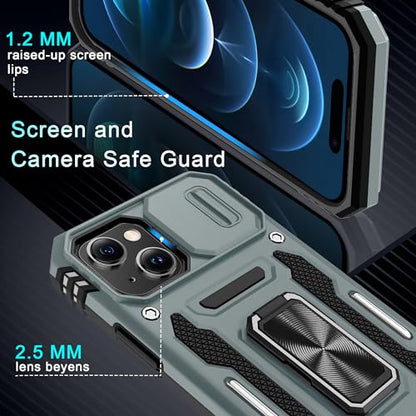 DEERLAMN Case for iPhone 15 with Slide Camera Cover + Screen Protector (2 Packs), Rotated Ring Kickstand Military Grade Shockproof Protective Cover-Grey - color: Grey