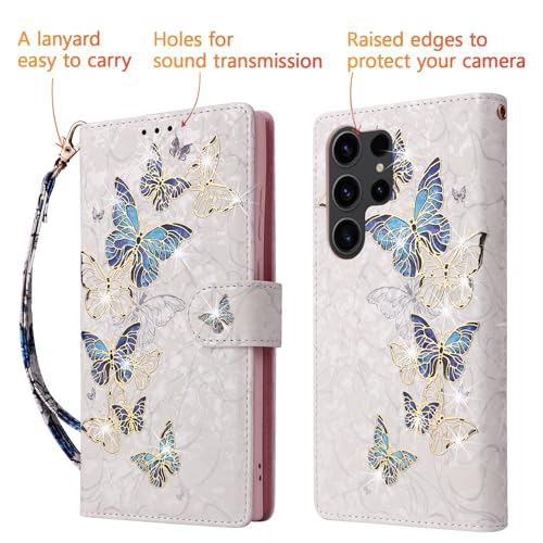 UEEBAI Wallet Case for Samsung Galaxy S23 Ultra 5G, PU Leather Phone Case Kickstand RFID Blocking Flip Case with Card Slots Wrist Strap Relief Engraved Magnetic Closure Folio Case - Blue Butterfly - color: Blue Butterfly, size: Samsung Galaxy S23 Ultra 5G