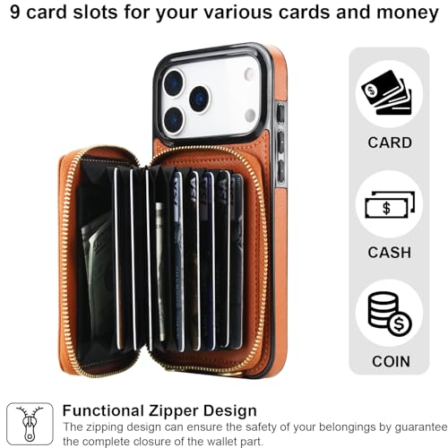 Bocasal Multi-Slot Crossbody Wallet Case for iPhone 17 Pro Max, Brown | RFID Blocking PU Leather Purse Case with Card Holder, Handbag Flip Cover with Zipper Wrist Strap Lanyard for Women 6.9 Inch - color: Brown