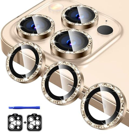3X2 Pack Camera Lens Protector for iPhone 16 Pro Max,iPhone 16 Pro Tempered Glass Camera Lens Screen Protector Glitter Bling Camera Cover Metal Individual Ring for iPhone 16 Promax 5G,Glitter Gold