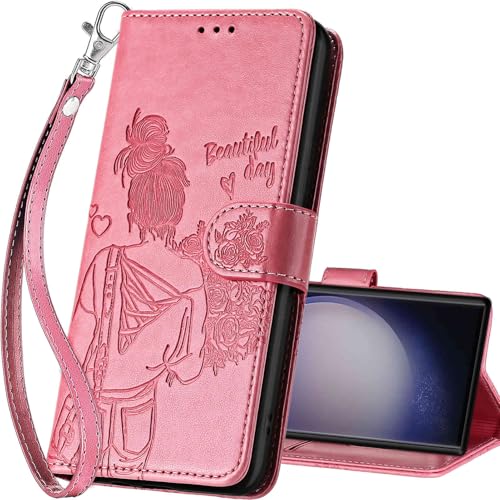 for Samsung Galaxy S24 Ultra Wallet case, Pink-Girl | 3 Card Holders, Kickstand, Shockproof TPU Shell, PU Leather, Magnetic Closure, Protective Flip Folio Cover, Women - color: 1