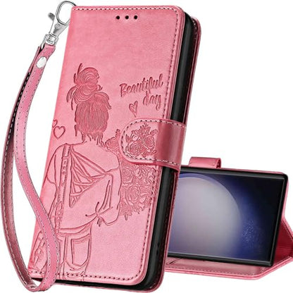 for Samsung Galaxy S24 Ultra Wallet case, Pink-Girl | 3 Card Holders, Kickstand, Shockproof TPU Shell, PU Leather, Magnetic Closure, Protective Flip Folio Cover, Women - color: 1