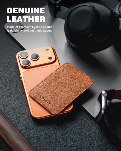 VULKIT Stick on Card Holder Compatible for iphone Leather Cell Phone Wallet Credit Card Case Strong Sticker for Women - color: Genuine Brown