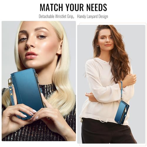 Defencase for iPhone 17 Wallet Case with RFID Blocking Card Holder, Blue | Durable Soft PU Leather, with Zipper Pocket, Wrist Strap, Fashion Snap Flip Phone Cases Cover with Stand for Women and Men - color: Dark Blue
