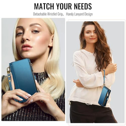 Defencase for iPhone 17 Wallet Case with RFID Blocking Card Holder, Blue | Durable Soft PU Leather, with Zipper Pocket, Wrist Strap, Fashion Snap Flip Phone Cases Cover with Stand for Women and Men - color: Dark Blue