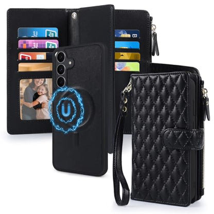 Harryshell Detachable Wallet Case for Samsung Galaxy S25 FE Compatible with Magsafe RFID Blocking Card Slots Removable Phone Cover Zipper Purse Kickstand Wrist Strap for Men Women Quilted Black - color: Quilted Black