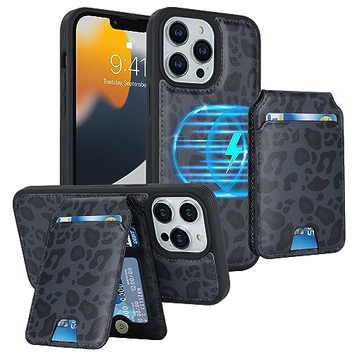 iCoverCase Wallet Case for iPhone 13 Pro Max/12 Pro Max Compatible with MagSafe, Magnetic Detachable Card Slots Holder PU Leather Kickstand Wireless Charging Case 6.7 Inch (Black Leopard) - color: Black Leopard