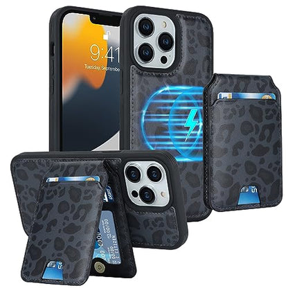 iCoverCase Wallet Case for iPhone 13 Pro Max/12 Pro Max Compatible with MagSafe, Magnetic Detachable Card Slots Holder PU Leather Kickstand Wireless Charging Case 6.7 Inch (Black Leopard) - color: Black Leopard