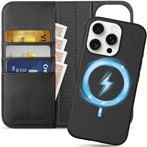SHIELDON Detachable Genuine Leather Wallet Case for iPhone 16 Pro, Black | Wireless Charging, RFID Blocking, Credit Card Holder, Magnetic Closure, Kickstand, Folio Design, Full Protection Phone Cover - color: Black, size: for iPhone 16 Pro
